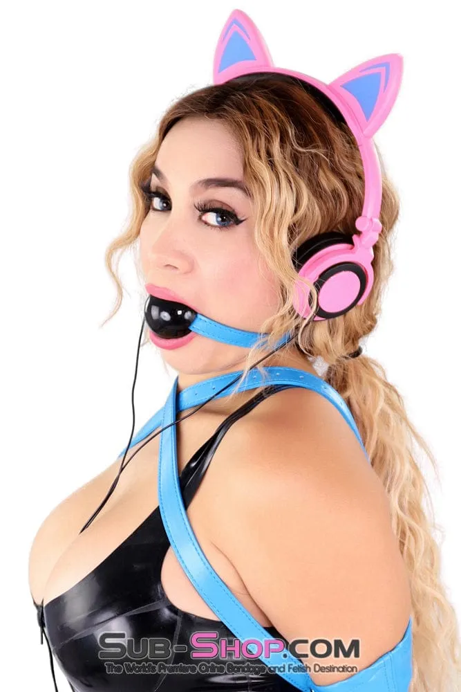 1617DL-SIS      Pretty Sissy Boi Black Rubber Ballgag on Tantric Professional Dominatrix Blue Strap