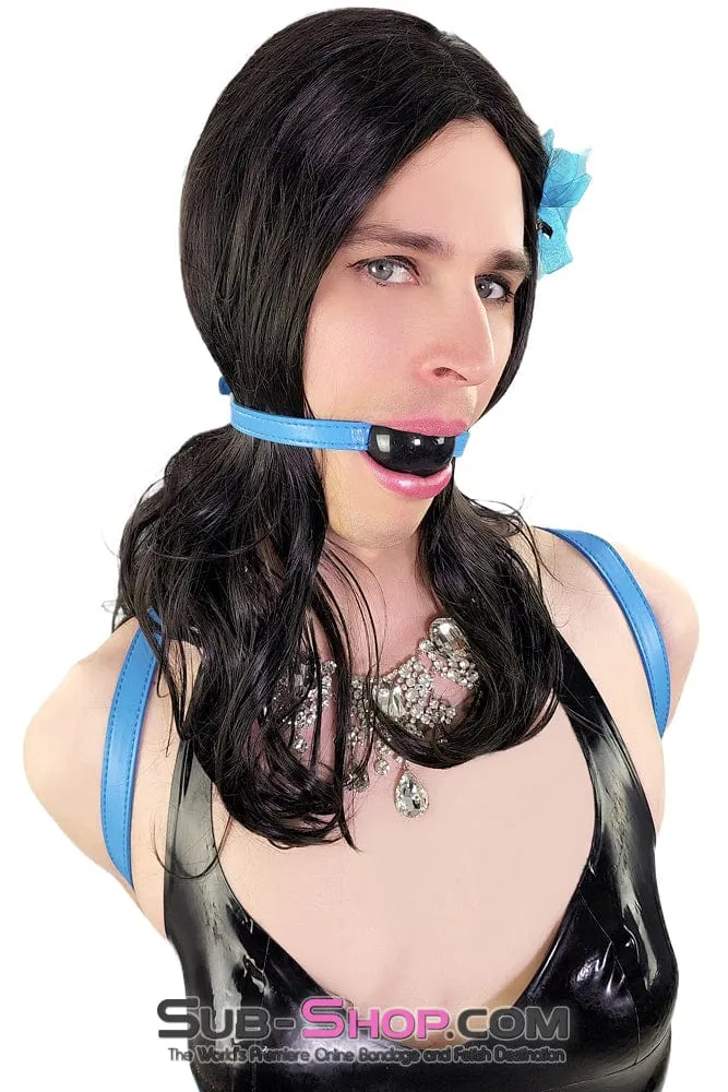 1617DL-SIS      Pretty Sissy Boi Black Rubber Ballgag on Tantric Professional Dominatrix Blue Strap
