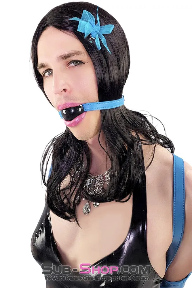 1617DL-SIS      Pretty Sissy Boi Black Rubber Ballgag on Tantric Professional Dominatrix Blue Strap