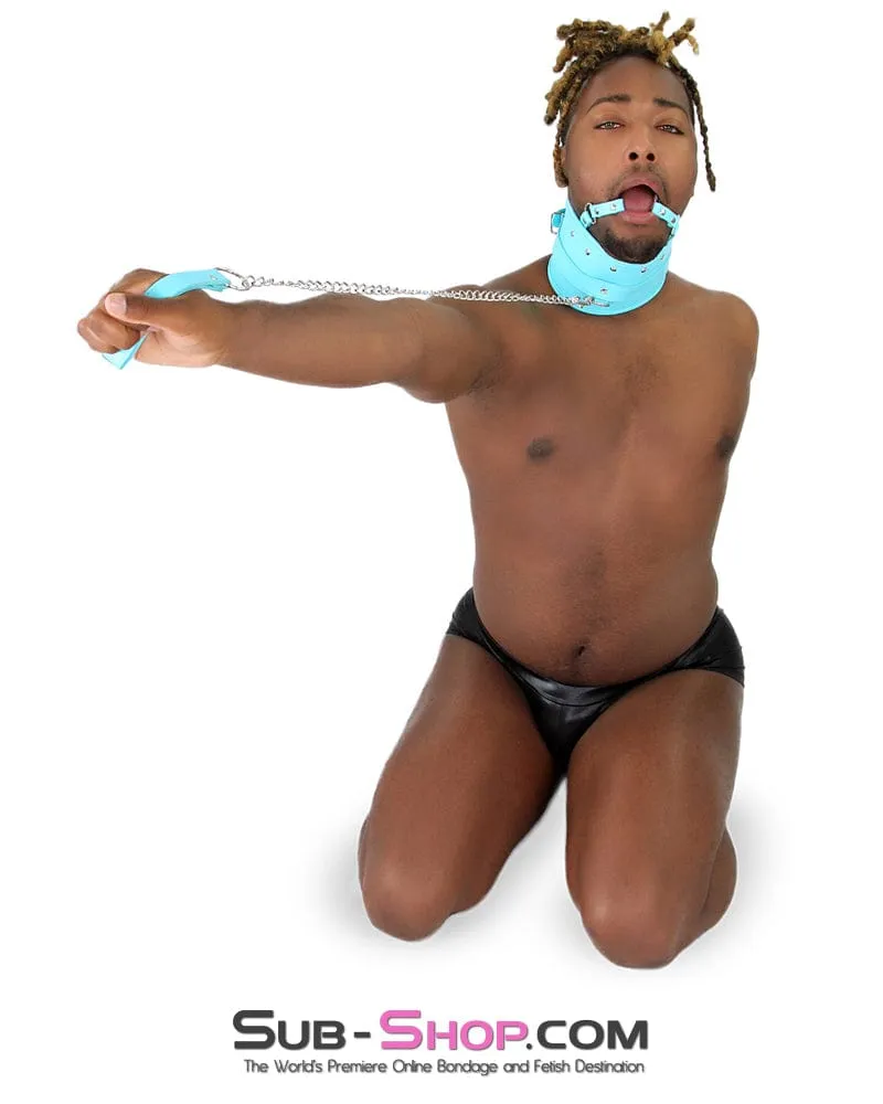 1882MQ-SIS      Pretty Sissy Feminization Boi Bondage Slave Diamond Blue Posture Collar with Ring Gag