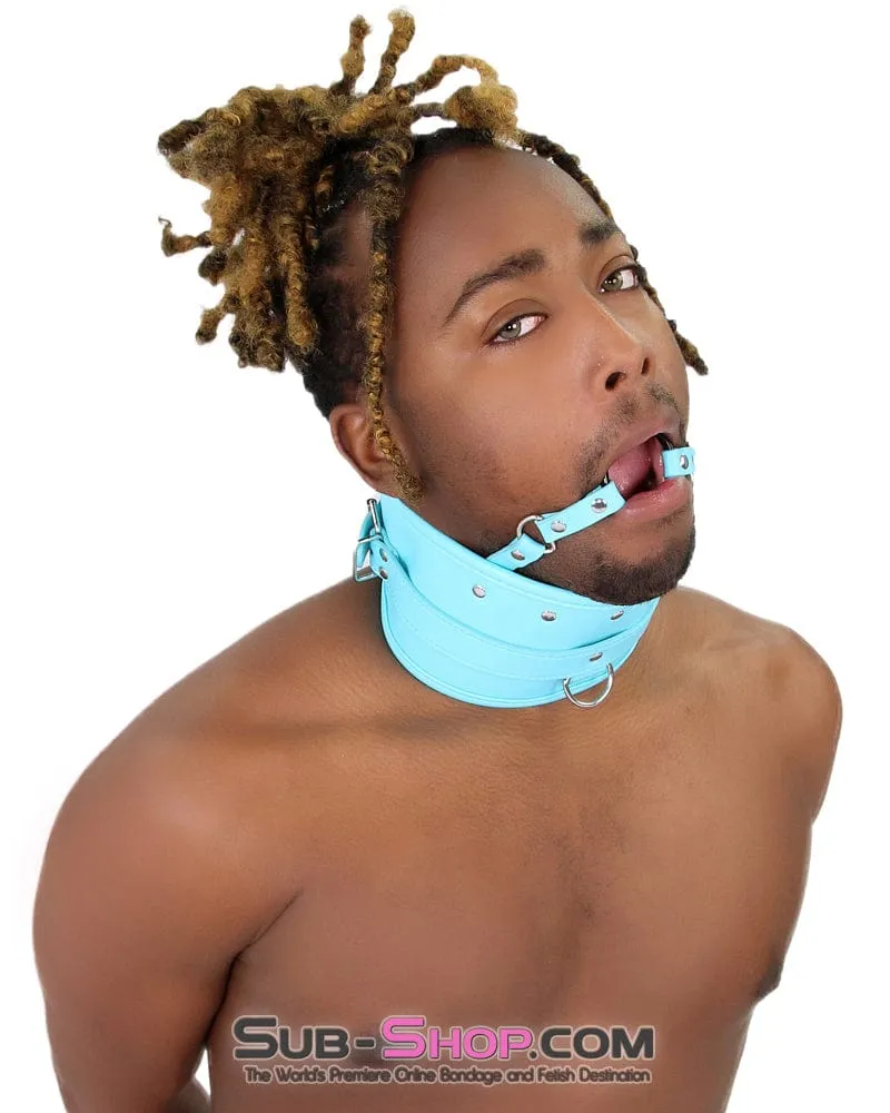 1882MQ-SIS      Pretty Sissy Feminization Boi Bondage Slave Diamond Blue Posture Collar with Ring Gag