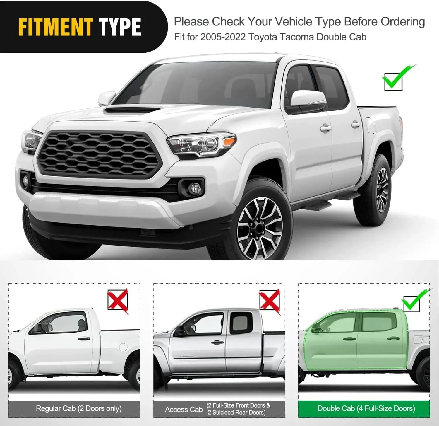 2005-2023 Toyota Tacoma Double Cab Running Boards 4 Inch Drop Side Steps Bolt-on Black Powder Coated