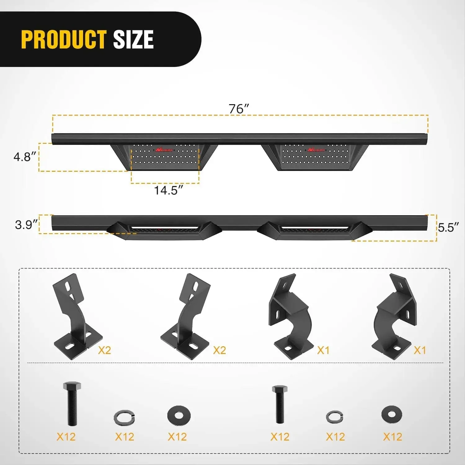 2005-2023 Toyota Tacoma Double Cab Running Boards 4 Inch Drop Side Steps Bolt-on Black Powder Coated
