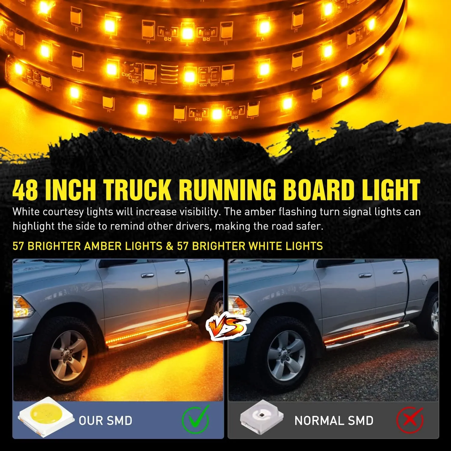 48 Inch 114 Leds Running Board Amber White Light Strip (Pair)