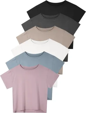 6 Pack Women's Crop Top Short Sleeve Athletic Workout Yoga Running Gym Casual Tees T-Shirts Loose Fit