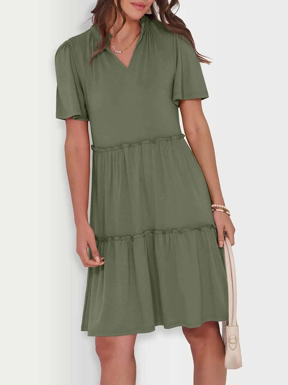ANRABESS Womens Summer Casual Short Sleeve V Neck A line Tunic Dress Flowy Tiered Babydoll Mini Dress Beach Vacation Outfits