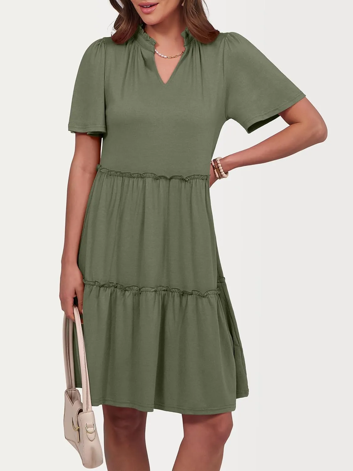 ANRABESS Womens Summer Casual Short Sleeve V Neck A line Tunic Dress Flowy Tiered Babydoll Mini Dress Beach Vacation Outfits
