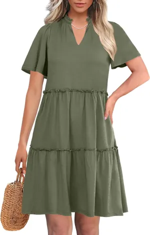 ANRABESS Womens Summer Casual Short Sleeve V Neck A line Tunic Dress Flowy Tiered Babydoll Mini Dress Beach Vacation Outfits