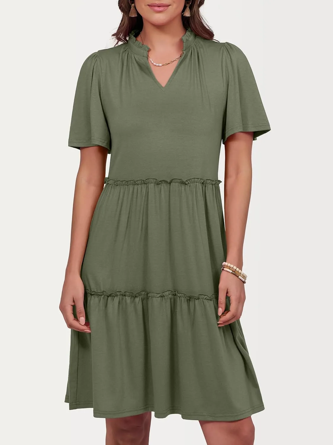 ANRABESS Womens Summer Casual Short Sleeve V Neck A line Tunic Dress Flowy Tiered Babydoll Mini Dress Beach Vacation Outfits