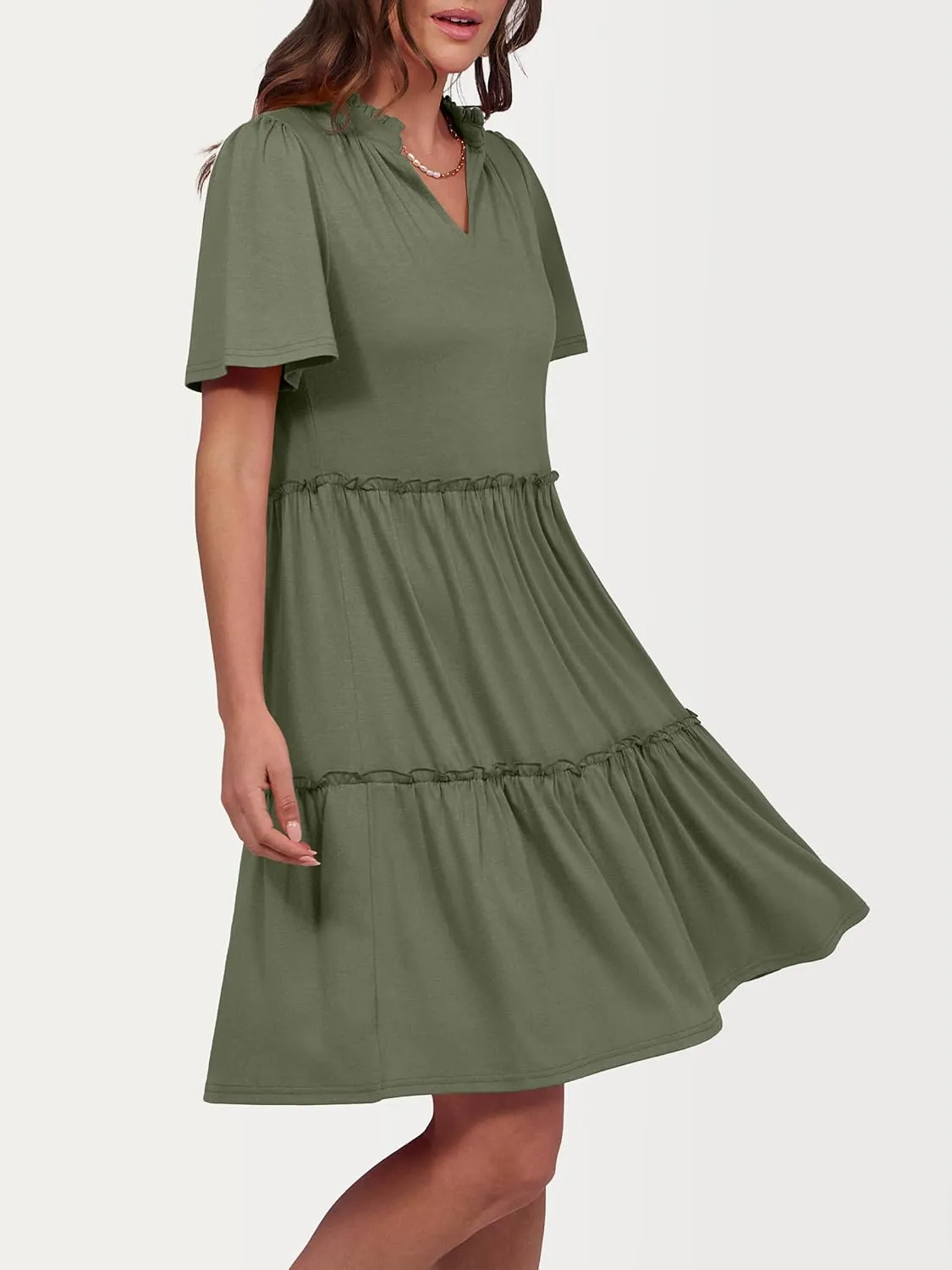 ANRABESS Womens Summer Casual Short Sleeve V Neck A line Tunic Dress Flowy Tiered Babydoll Mini Dress Beach Vacation Outfits