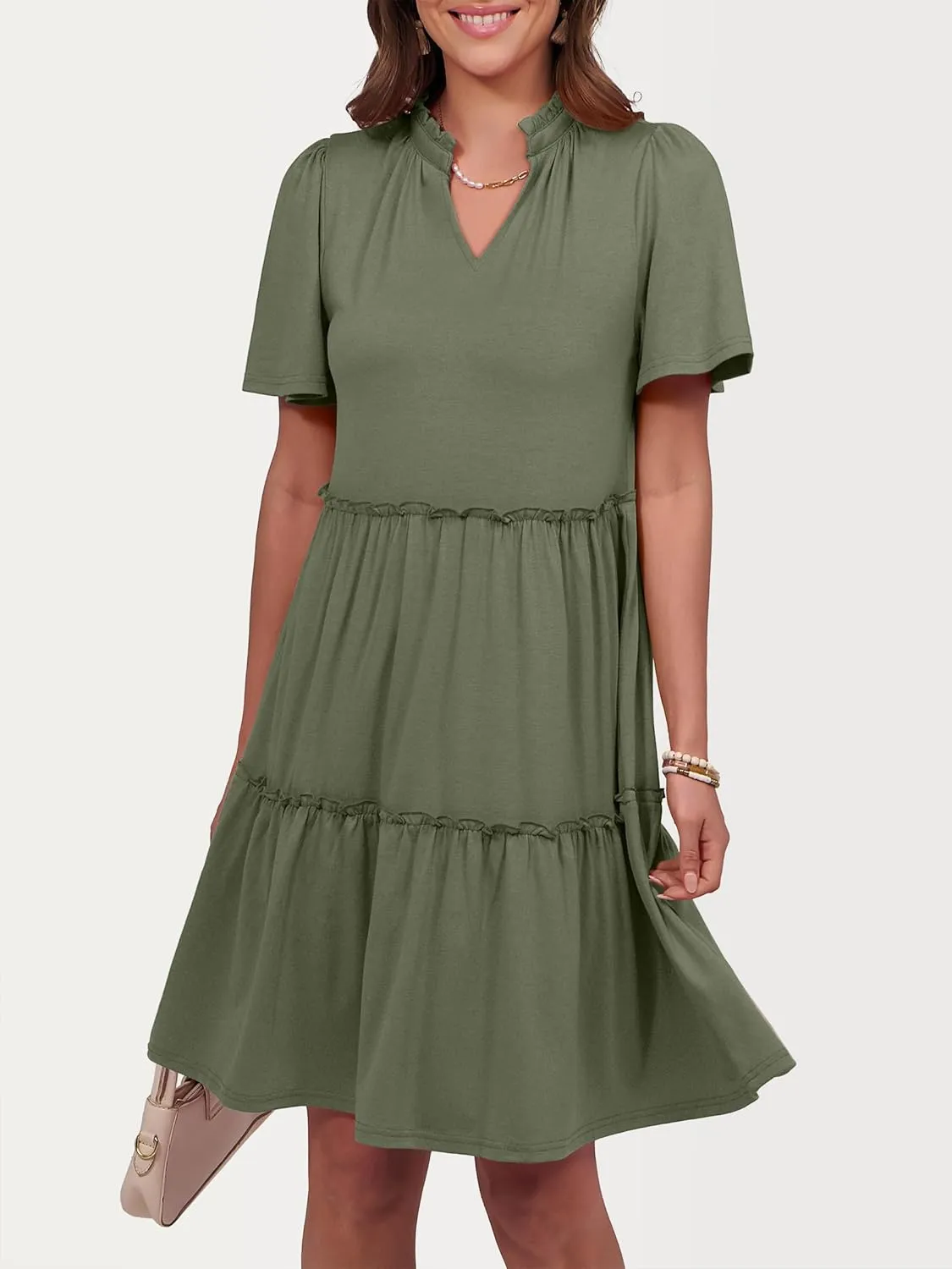 ANRABESS Womens Summer Casual Short Sleeve V Neck A line Tunic Dress Flowy Tiered Babydoll Mini Dress Beach Vacation Outfits