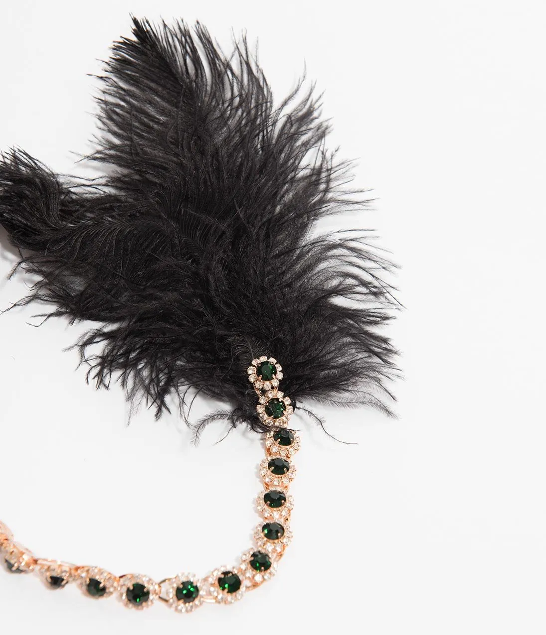 Black Feather & Emerald Crystal Goldie Flapper Headband