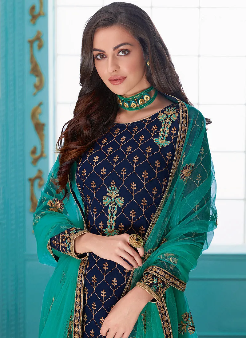 Blue And Turquoise Embroidered Indian Churidar Suit