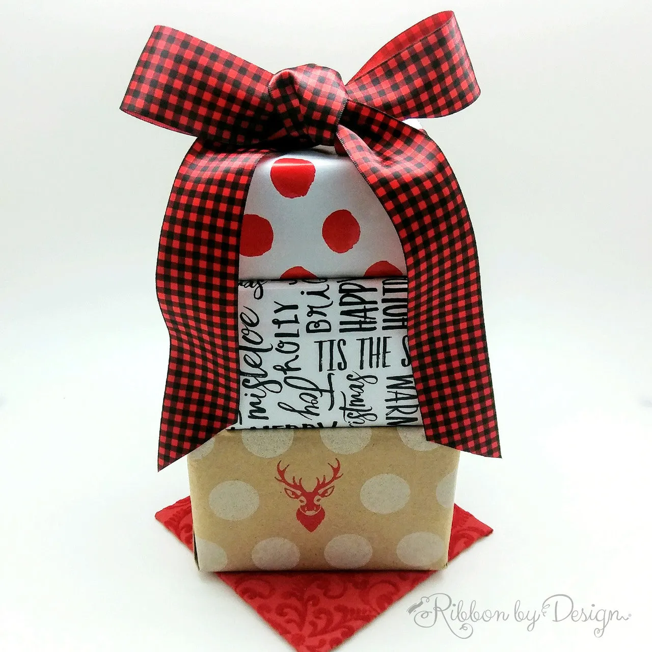Buffalo Plaid ribbon in black on 1.5" red single face satin