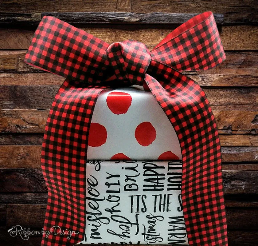 Buffalo Plaid ribbon in black on 1.5" red single face satin