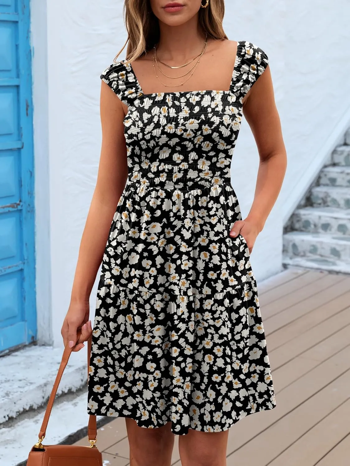 Caracilia Sundresses for Women 2025 Summer Boho Sleeveless Smocked Square Neck Mini Dress Cover Up Beach Vacation Clothes