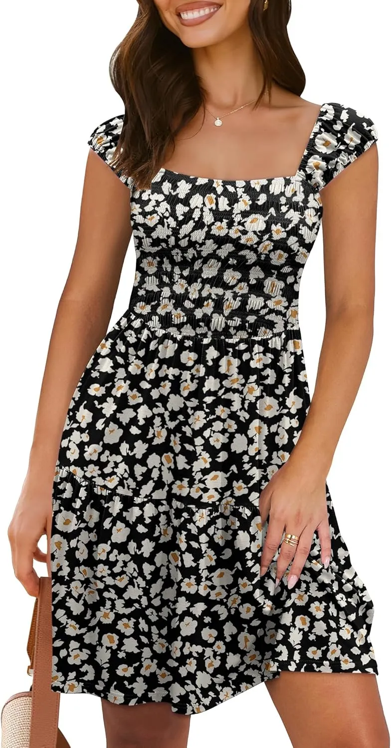 Caracilia Sundresses for Women 2025 Summer Boho Sleeveless Smocked Square Neck Mini Dress Cover Up Beach Vacation Clothes