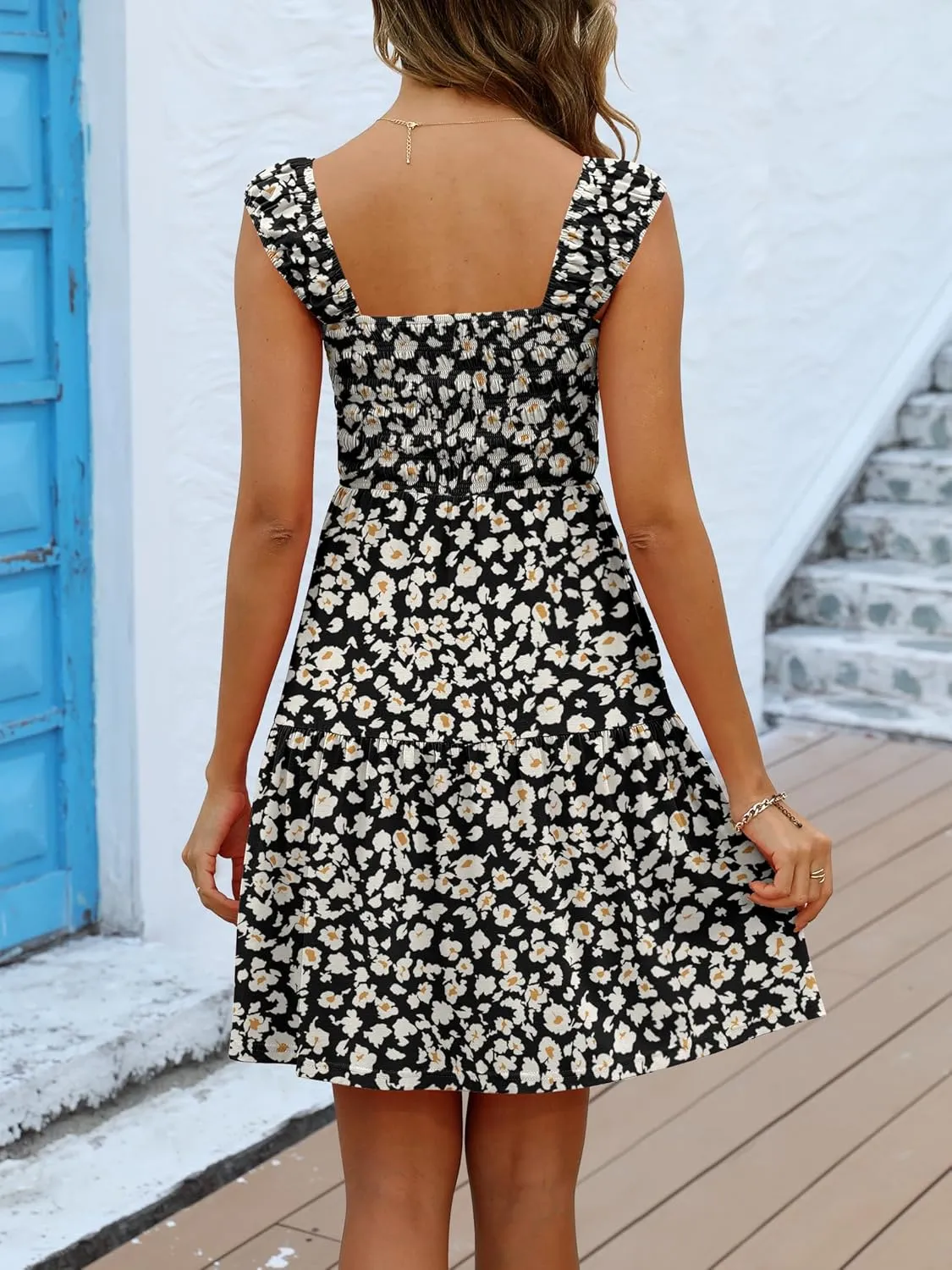 Caracilia Sundresses for Women 2025 Summer Boho Sleeveless Smocked Square Neck Mini Dress Cover Up Beach Vacation Clothes