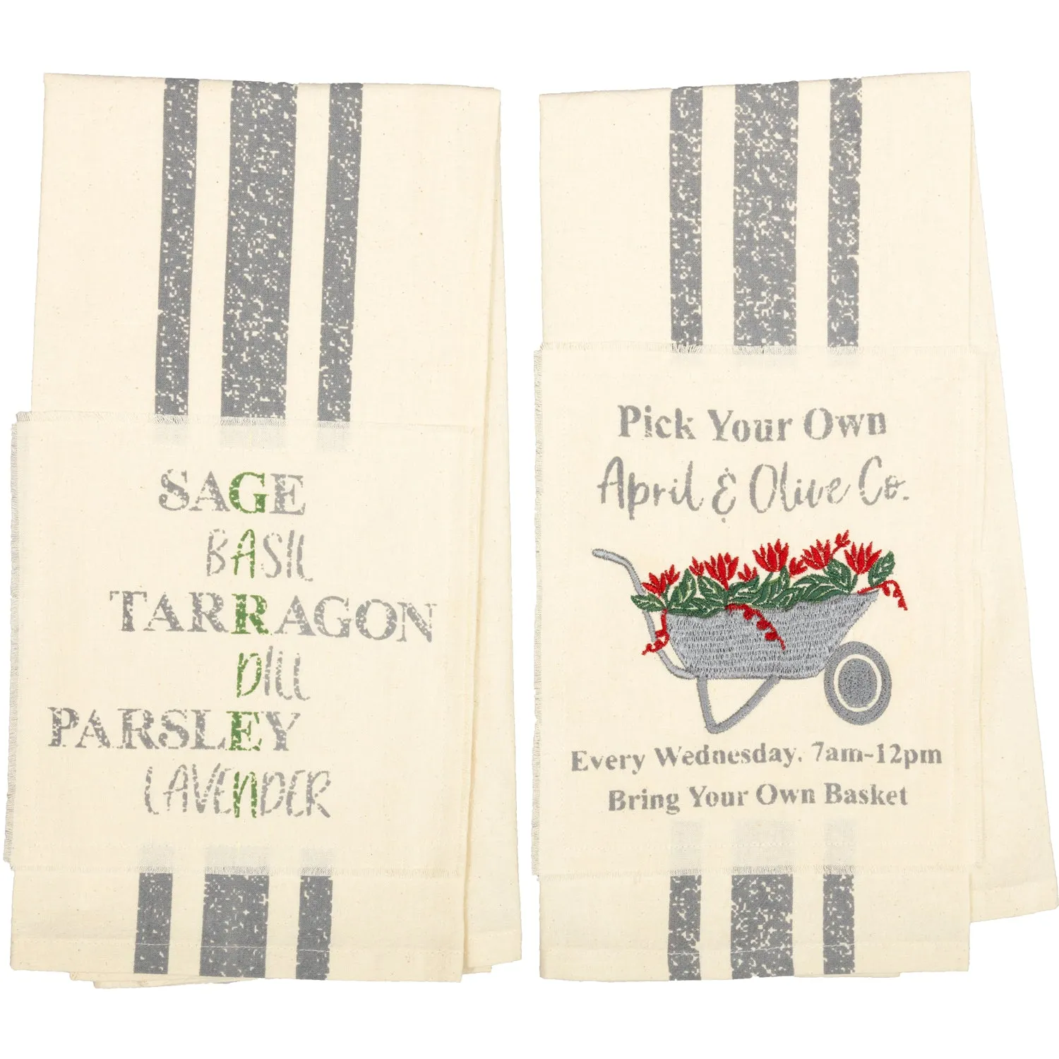 Farmer's Market Garden Wheelbarrow Unbleached Natural Muslin Tea Towel Set of 2 (Wheelbarrow; Herbs)