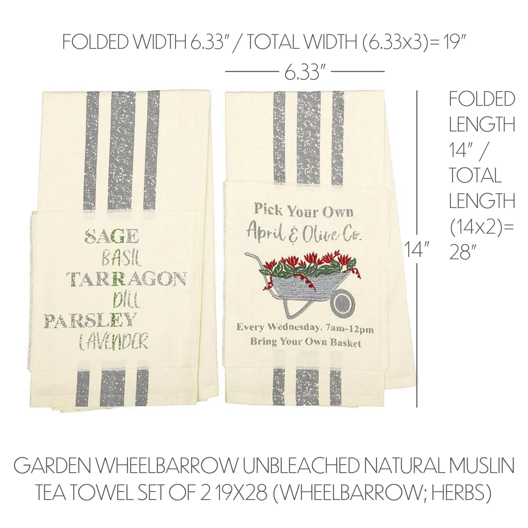 Farmer's Market Garden Wheelbarrow Unbleached Natural Muslin Tea Towel Set of 2 (Wheelbarrow; Herbs)