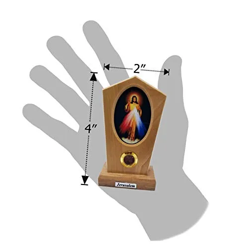 Holy Land Olive Wood Standing Wooden Plaque from Israel, with Full Color Center Portrait of The Divine Mercy of Jesus, Traditional Devotional Prayer Icon
