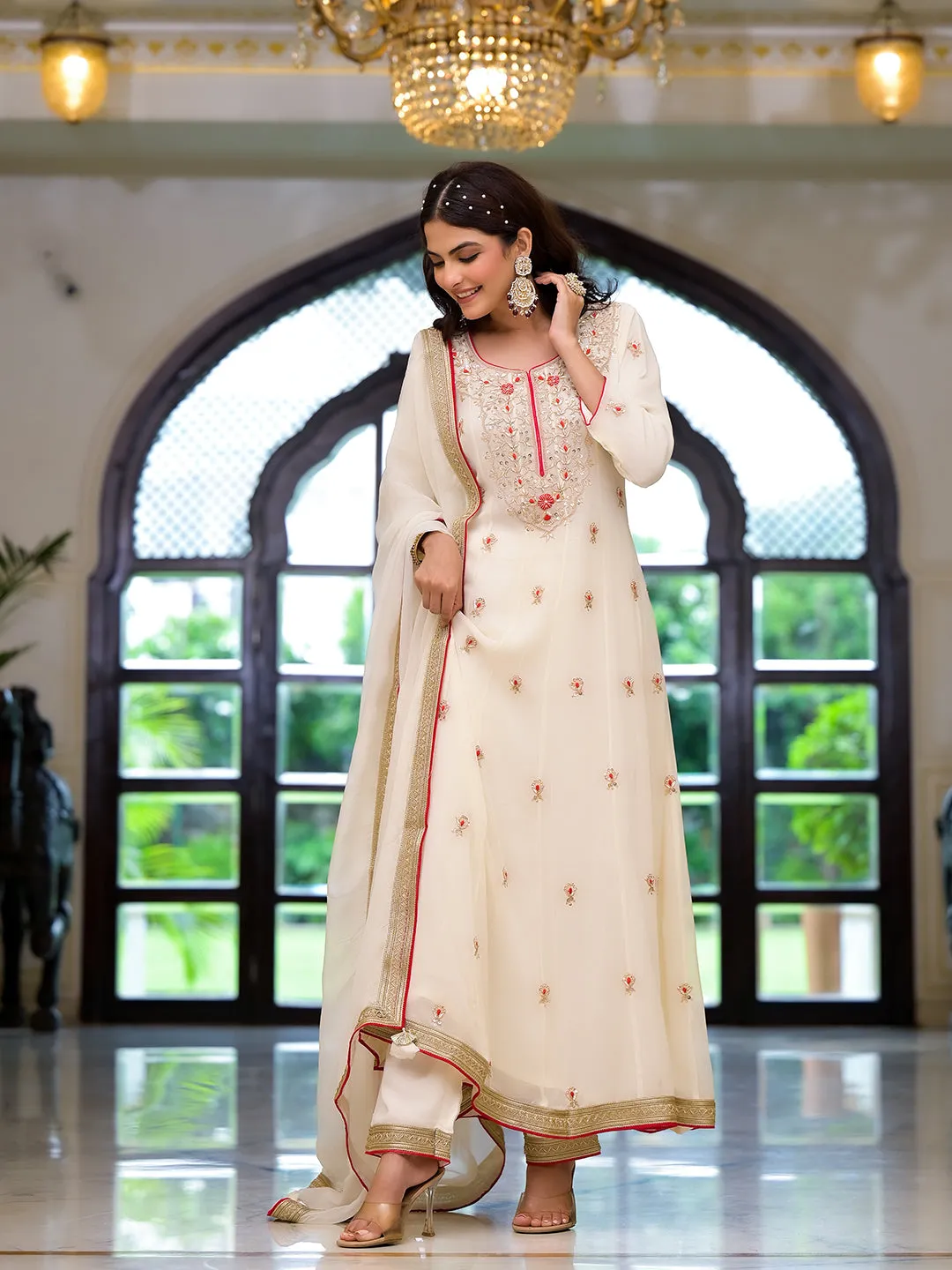 Jashvi Cream Embroidered Zari Work Georgette  Kurta Set