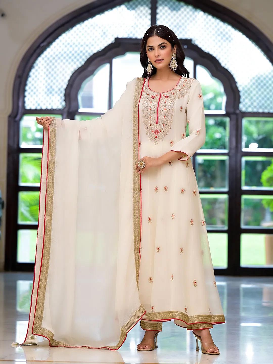 Jashvi Cream Embroidered Zari Work Georgette  Kurta Set