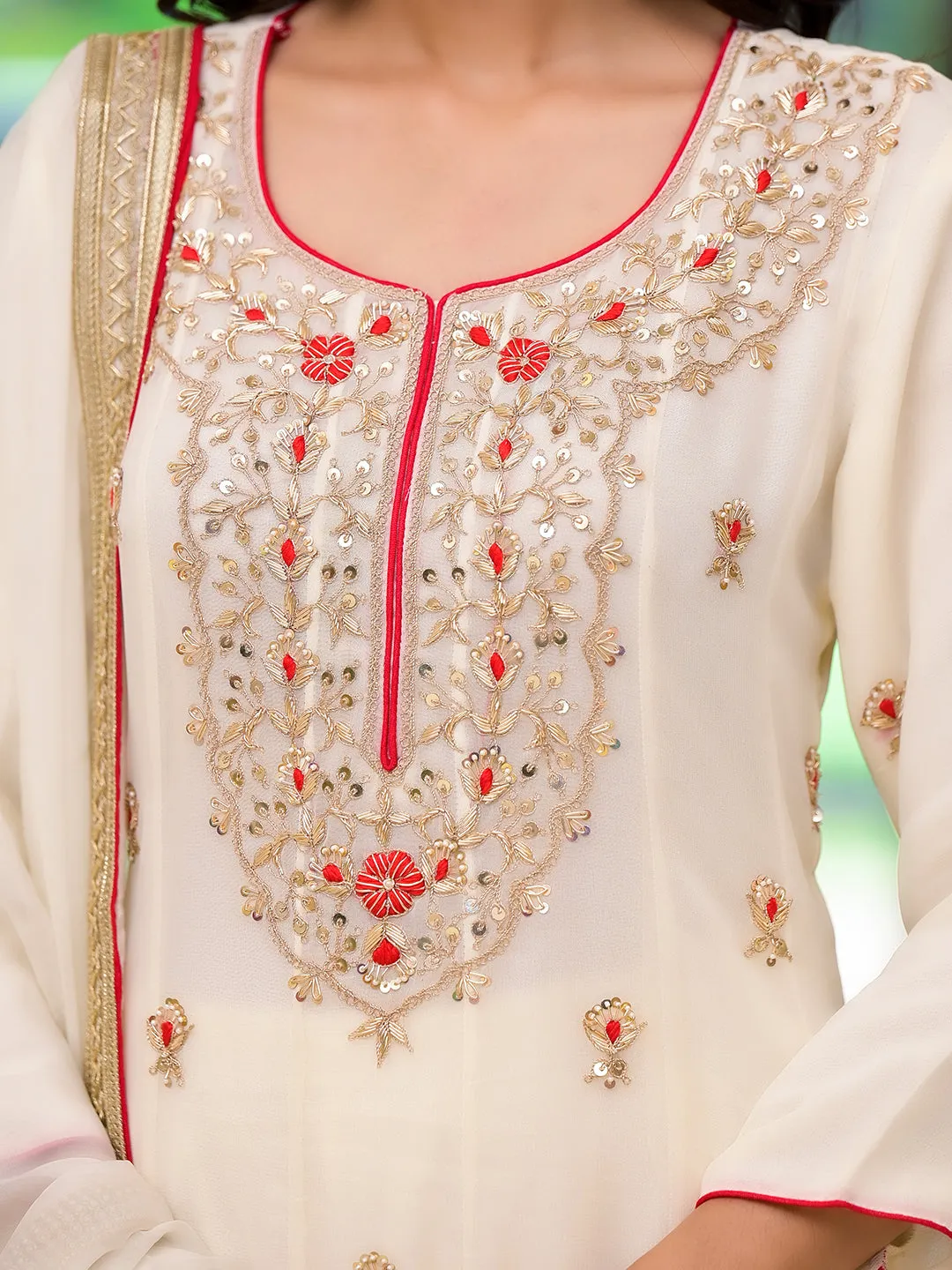 Jashvi Cream Embroidered Zari Work Georgette  Kurta Set
