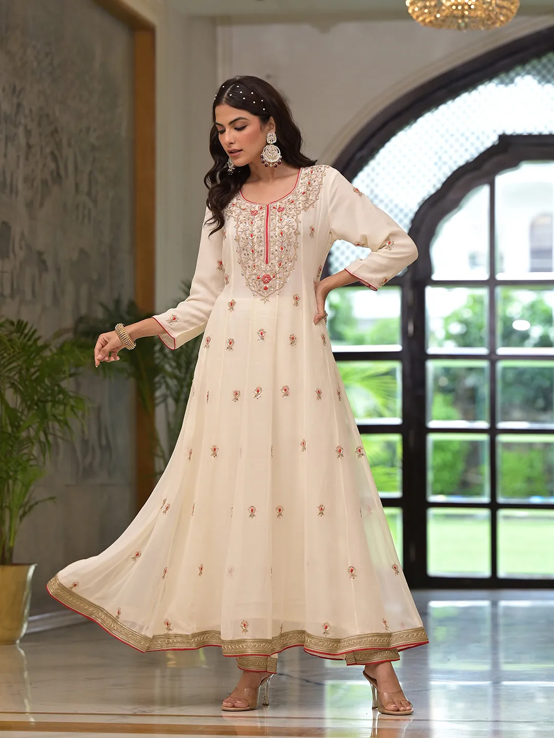 Jashvi Cream Embroidered Zari Work Georgette  Kurta Set