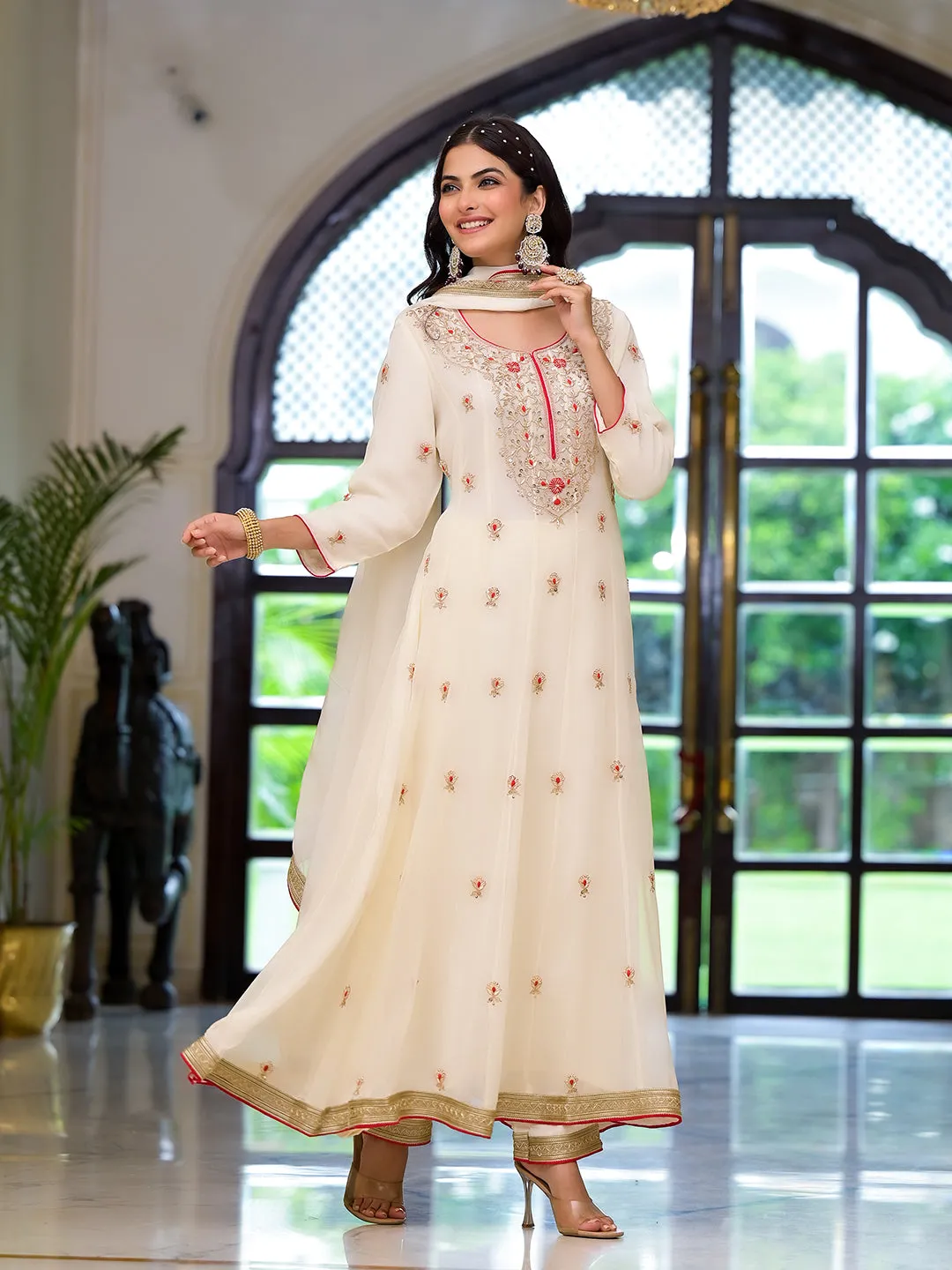 Jashvi Cream Embroidered Zari Work Georgette  Kurta Set