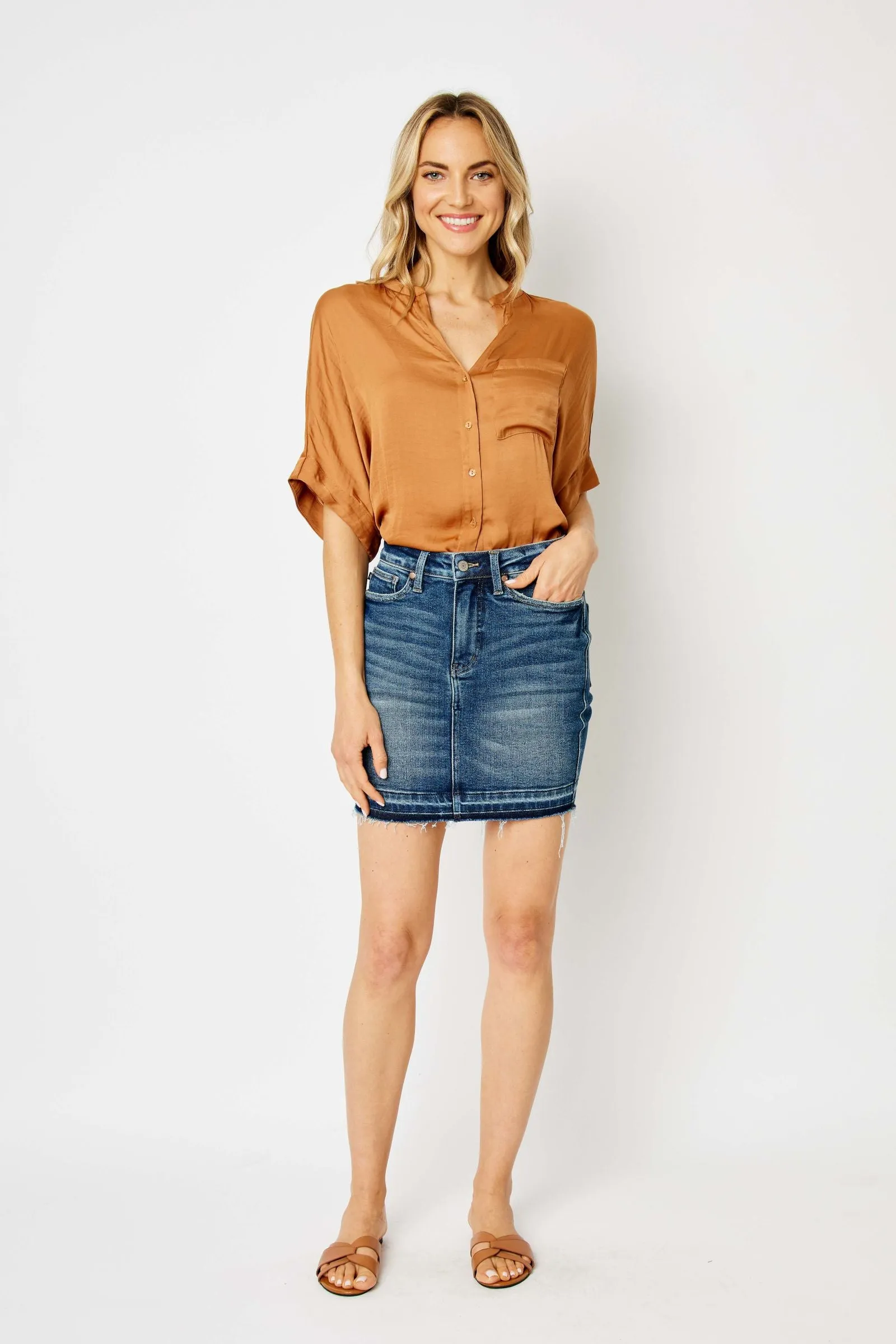 Judy Blue High Waist Tummy Control Release Hem Denim Skirt 2820
