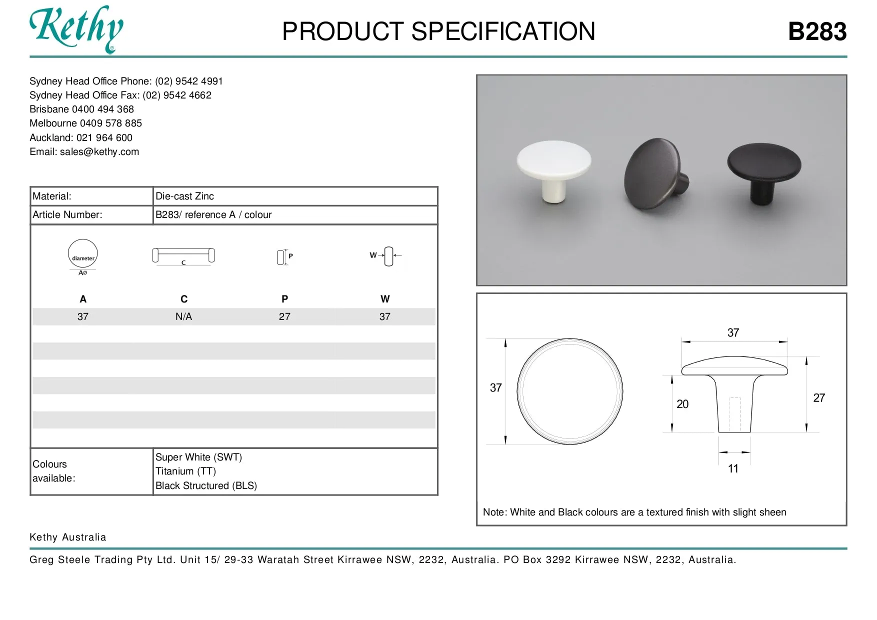 KETHY B283 CABINET ROUND KNOB DIE CAST ZINC 37MM