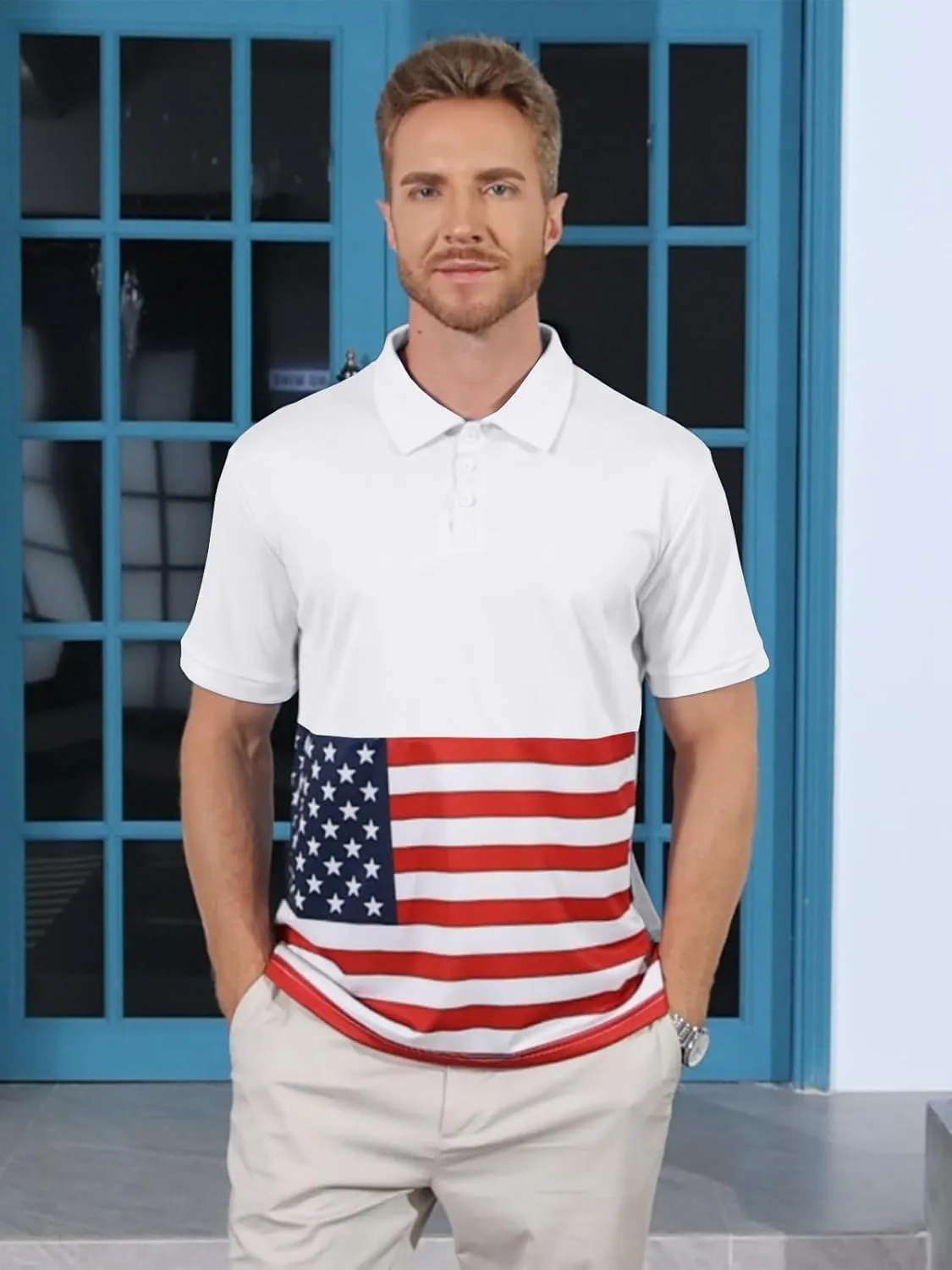 Men's Polo Shirts 2 Pack Print American Flag Short Sleeve Performance Golf Shirts Moisture Wicking Work Shirts