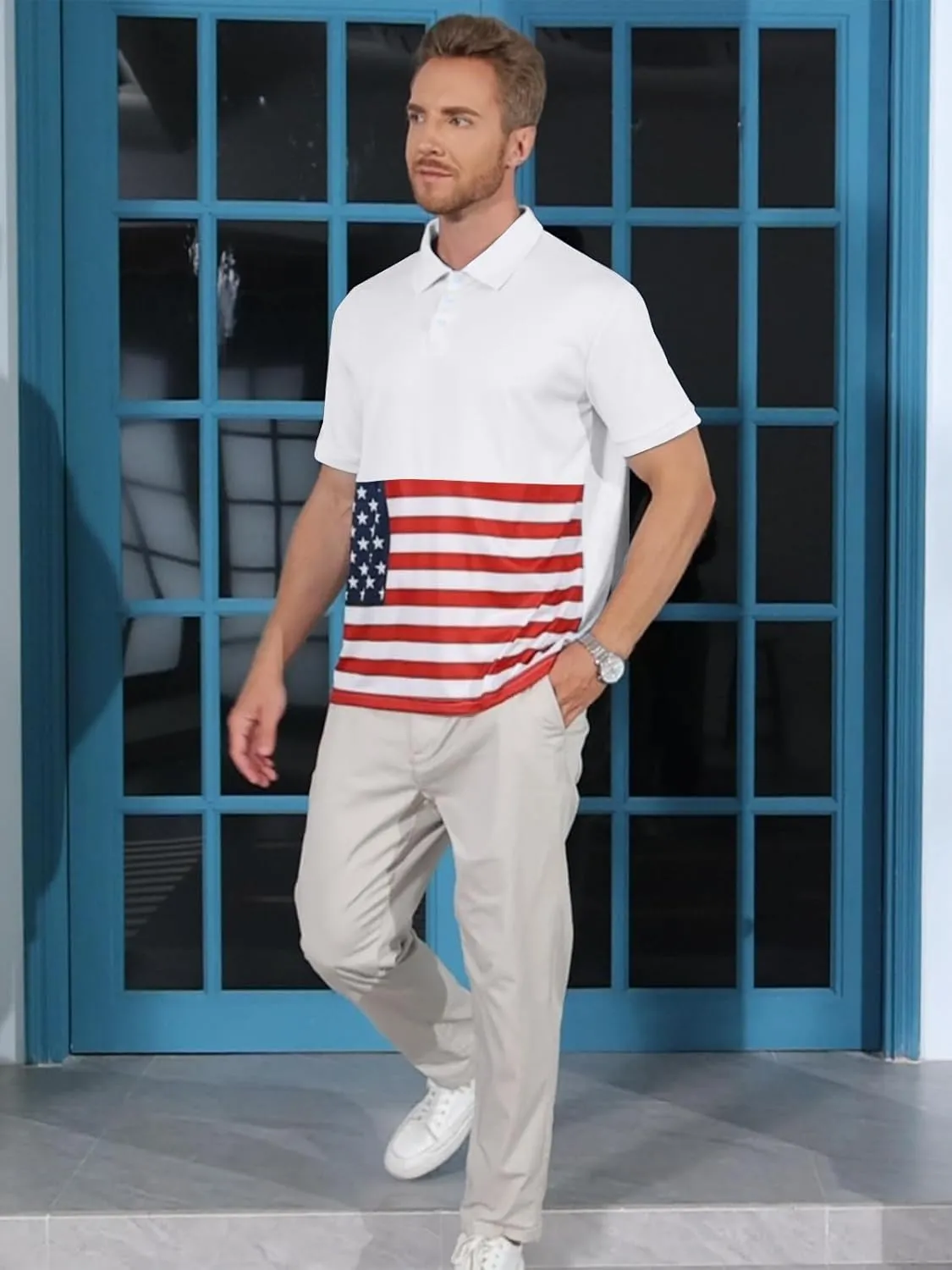 Men's Polo Shirts 2 Pack Print American Flag Short Sleeve Performance Golf Shirts Moisture Wicking Work Shirts