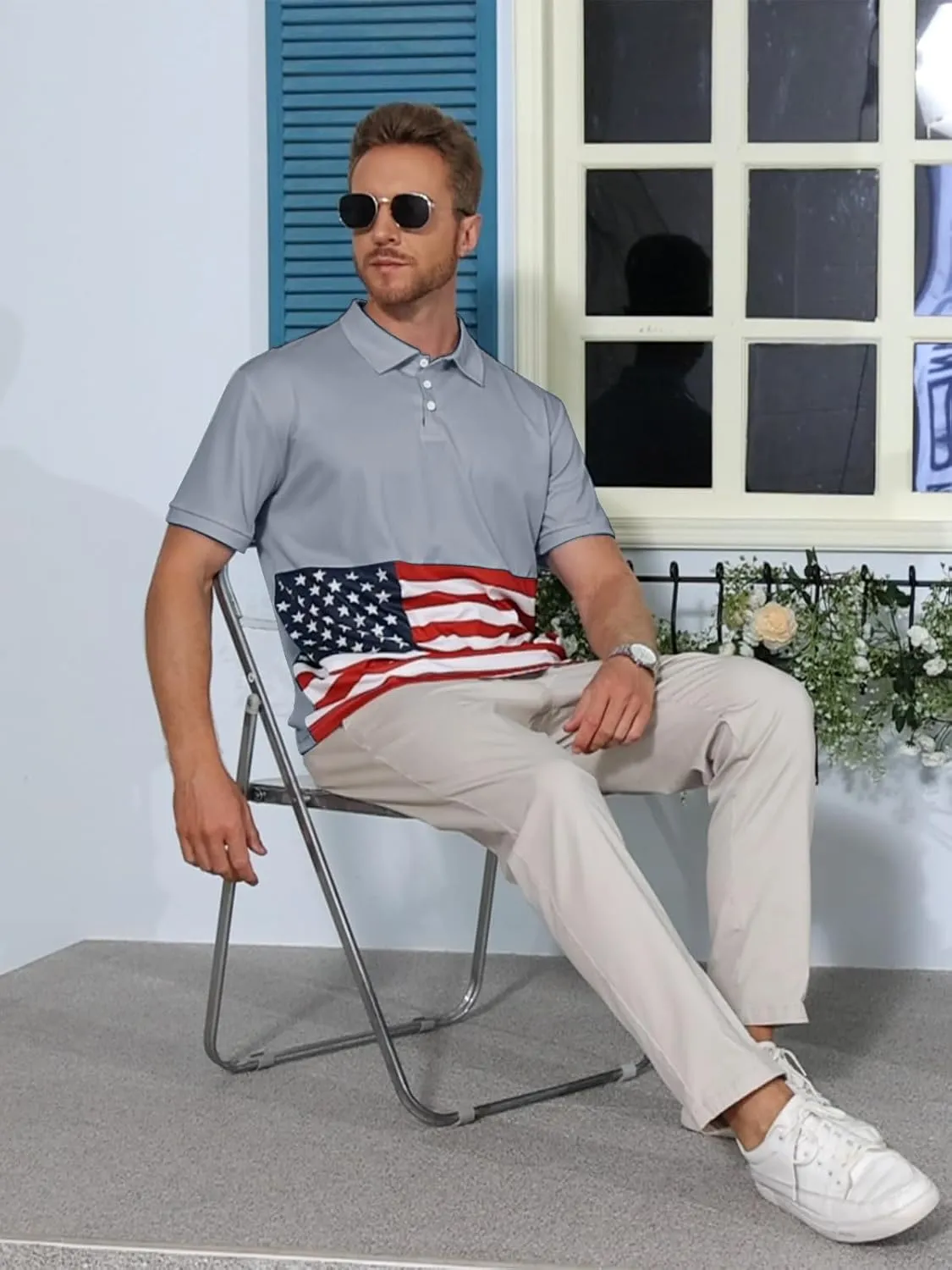 Men's Polo Shirts 2 Pack Print American Flag Short Sleeve Performance Golf Shirts Moisture Wicking Work Shirts