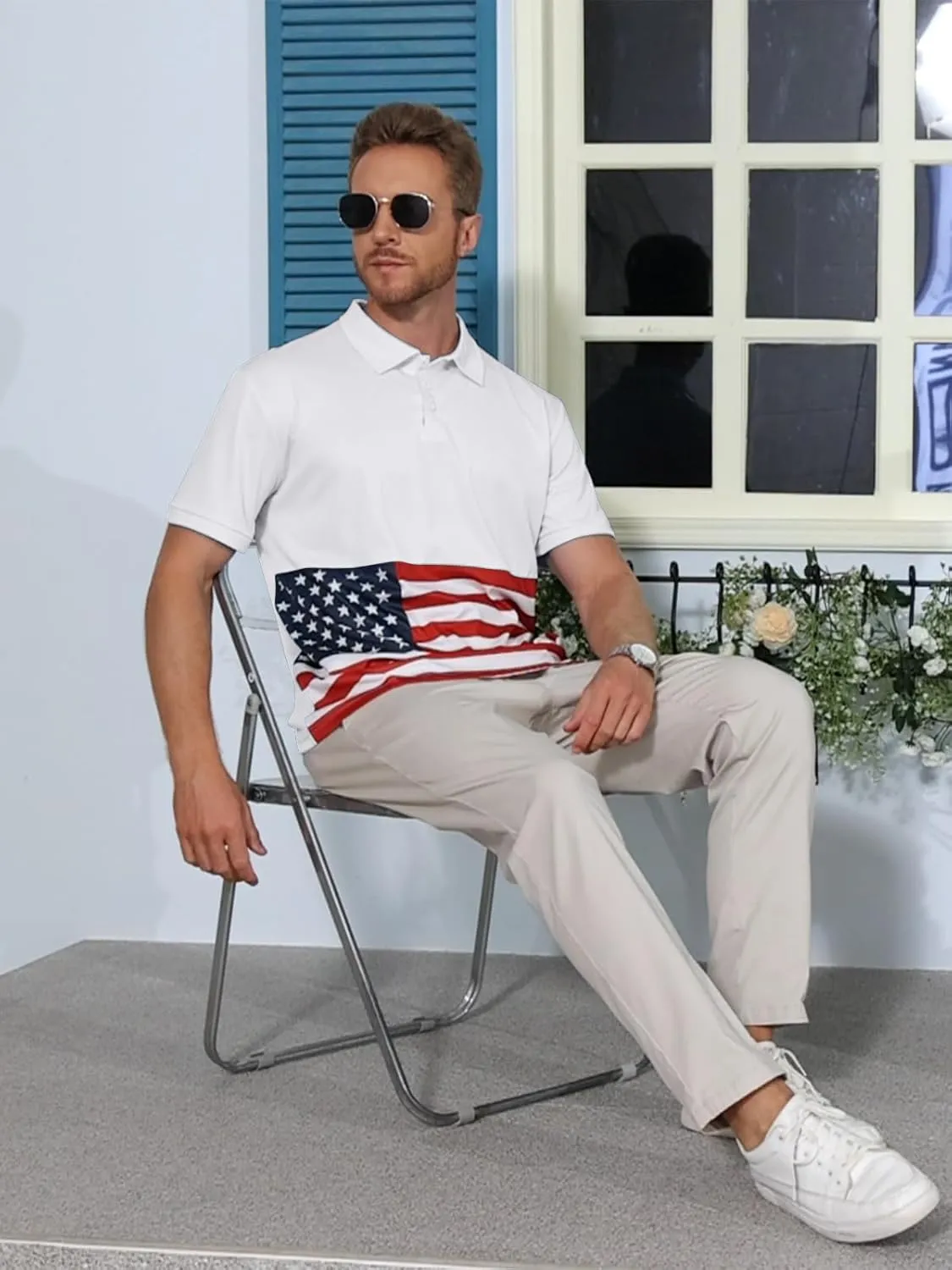Men's Polo Shirts 2 Pack Print American Flag Short Sleeve Performance Golf Shirts Moisture Wicking Work Shirts