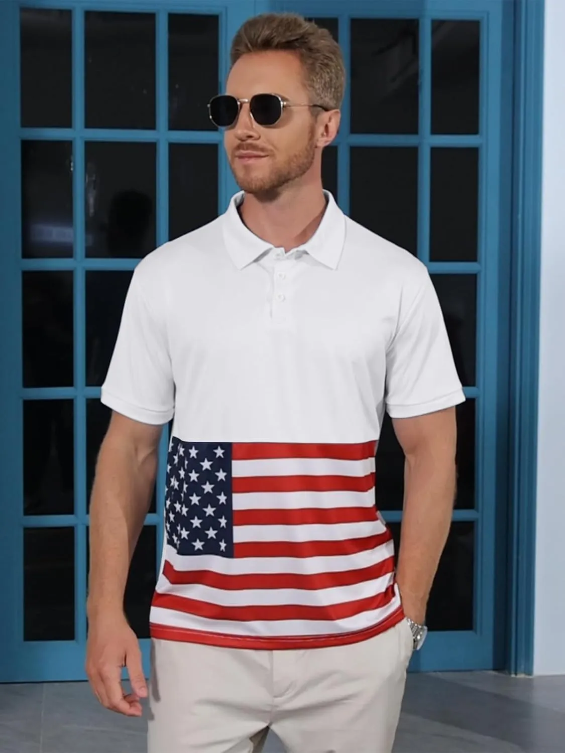 Men's Polo Shirts 2 Pack Print American Flag Short Sleeve Performance Golf Shirts Moisture Wicking Work Shirts