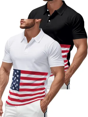 Men's Polo Shirts 2 Pack Print American Flag Short Sleeve Performance Golf Shirts Moisture Wicking Work Shirts
