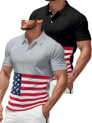 Men's Polo Shirts 2 Pack Print American Flag Short Sleeve Performance Golf Shirts Moisture Wicking Work Shirts