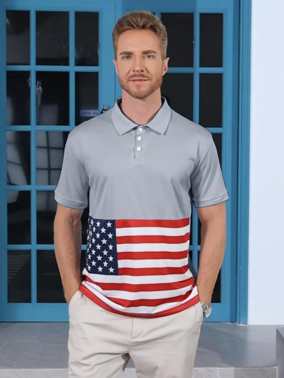 Men's Polo Shirts 2 Pack Print American Flag Short Sleeve Performance Golf Shirts Moisture Wicking Work Shirts