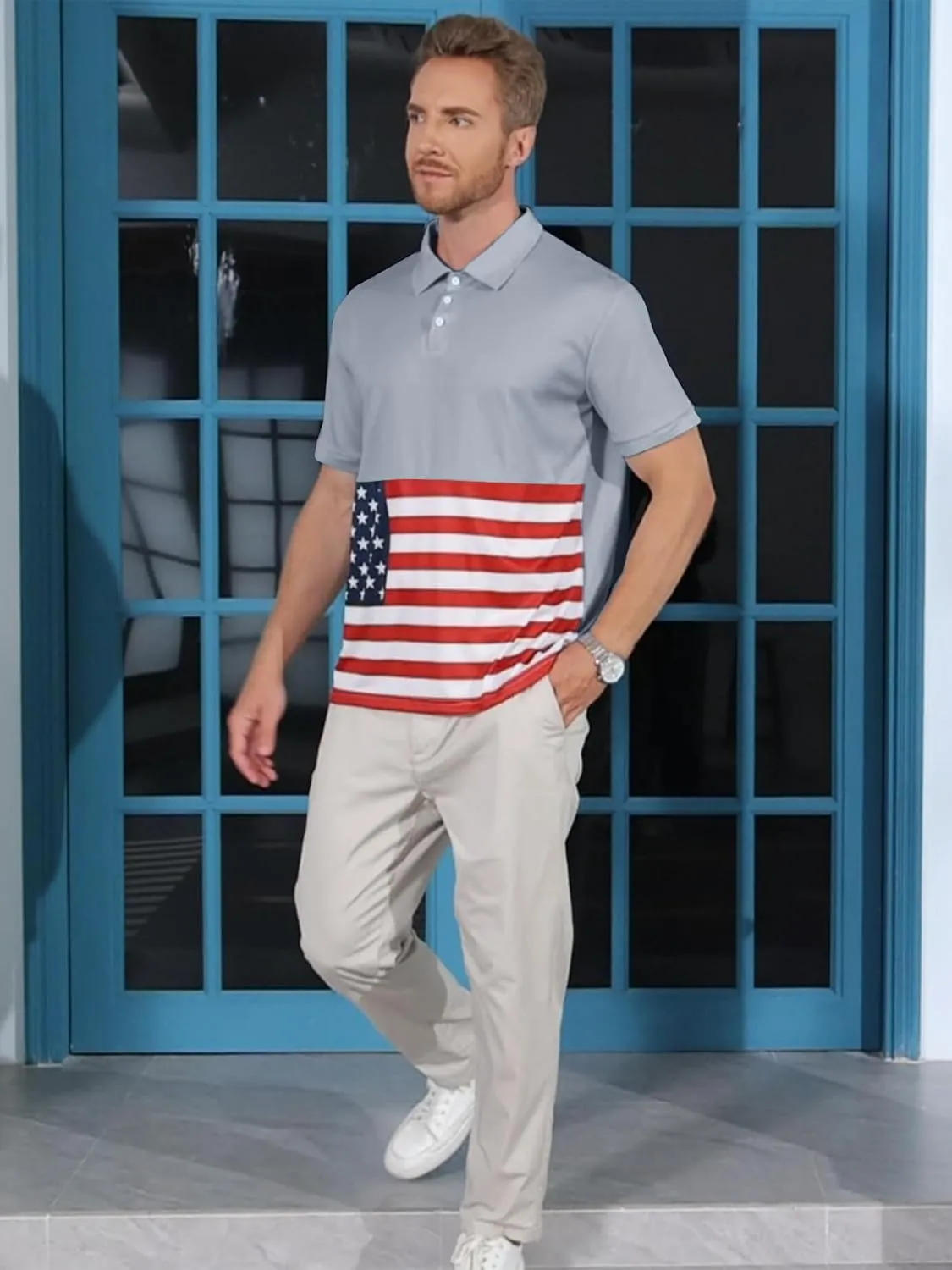 Men's Polo Shirts 2 Pack Print American Flag Short Sleeve Performance Golf Shirts Moisture Wicking Work Shirts