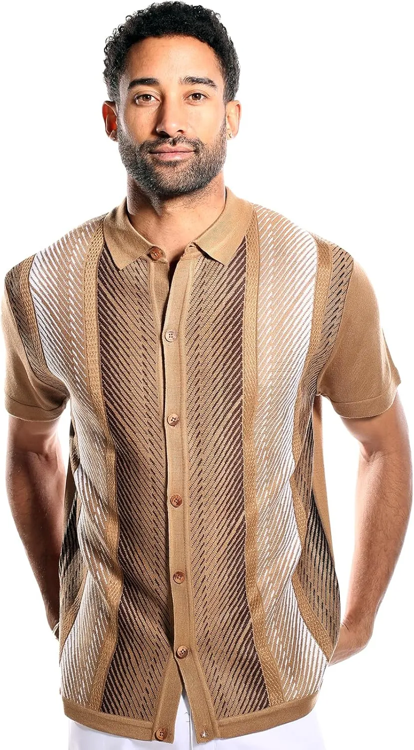 Mens Short Sleeve Knit Sports Shirt - Modern Polo Vintage Classics: Mlange Panel
