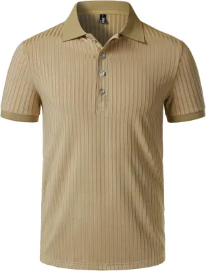 Men's Stretch Knit Slim Fit Polo Shirts Casual Short Sleeve Ribbed Collar Muscle Golf Shirt