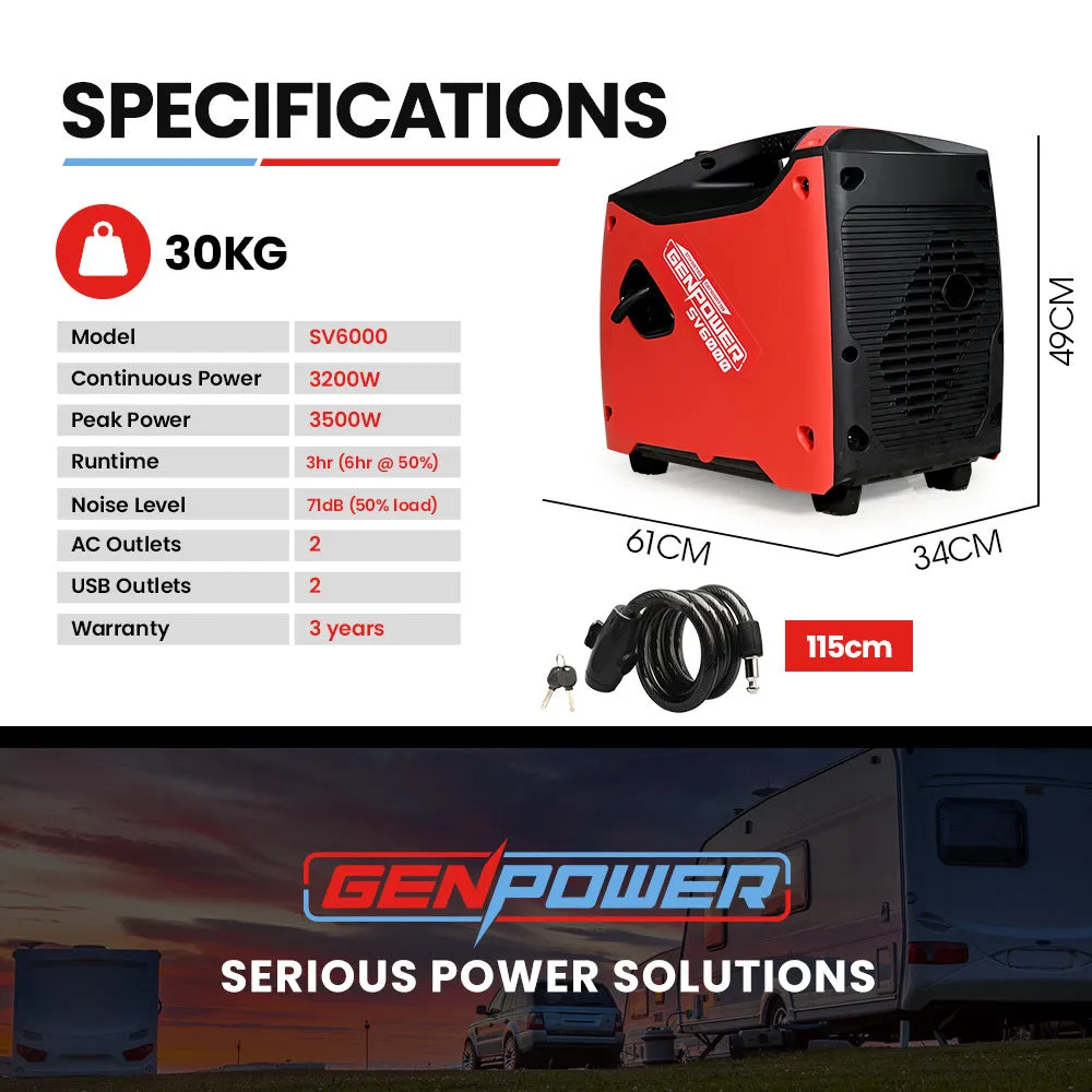 Quiet 3.5kW Portable Inverter Generator, Pure Sine Wave, Genpower