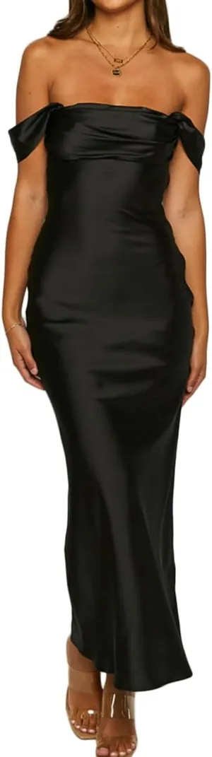 Realtix Elegant Satin Off The Shoulder Ruched Backless Maxi Dress for Women Strapless Tube Sleeveless Bridesmaid Dresses