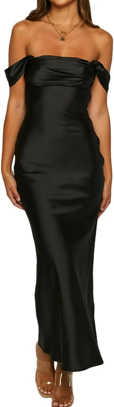 Realtix Elegant Satin Off The Shoulder Ruched Backless Maxi Dress for Women Strapless Tube Sleeveless Bridesmaid Dresses