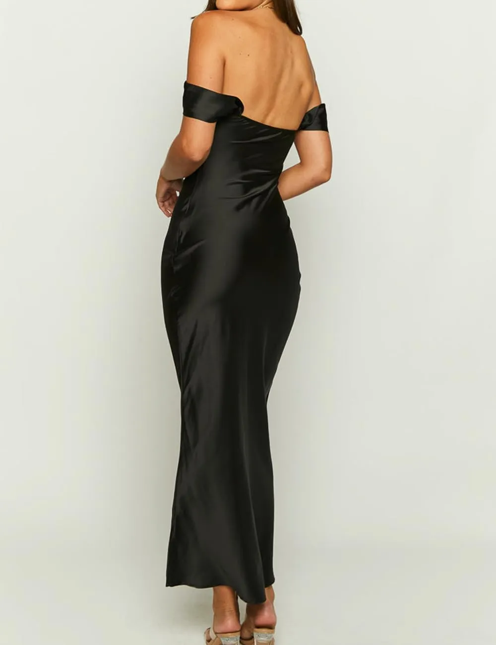 Realtix Elegant Satin Off The Shoulder Ruched Backless Maxi Dress for Women Strapless Tube Sleeveless Bridesmaid Dresses