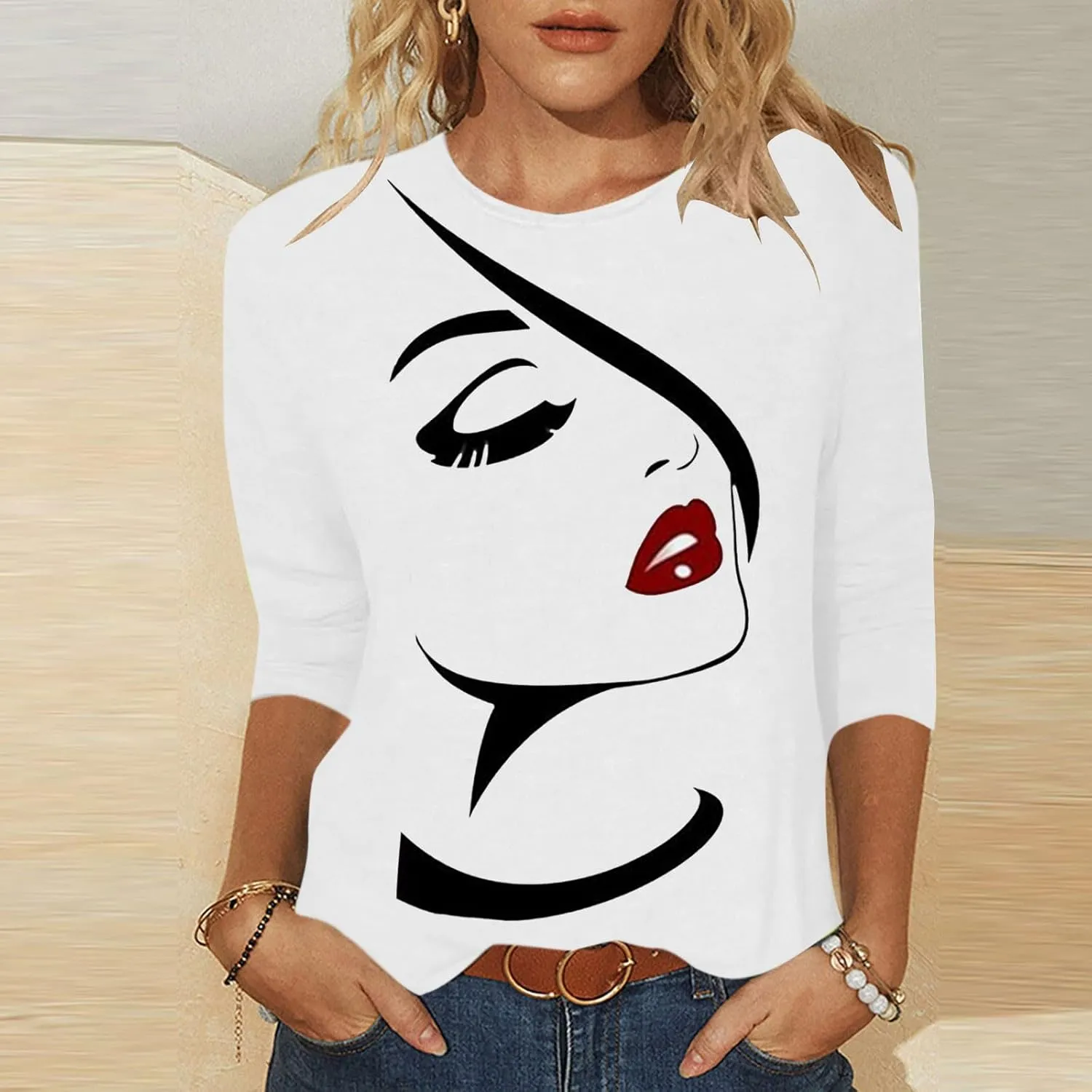T Shirts for Women Summer Fall 3/4 Sleeve Boat Neck Loose Fit Long Tops T Shirt Women 2025 KQ