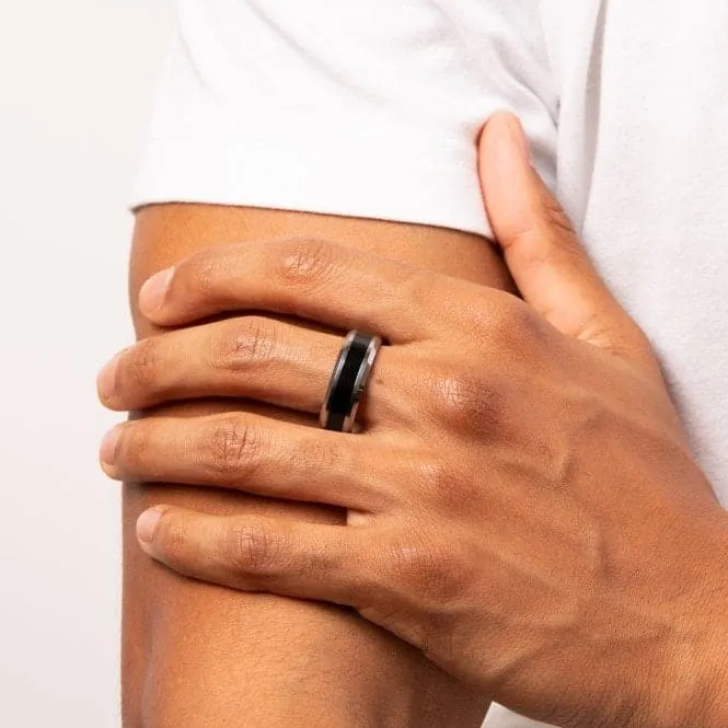 Tungsten With Black Enamel Stripe Ring R3860