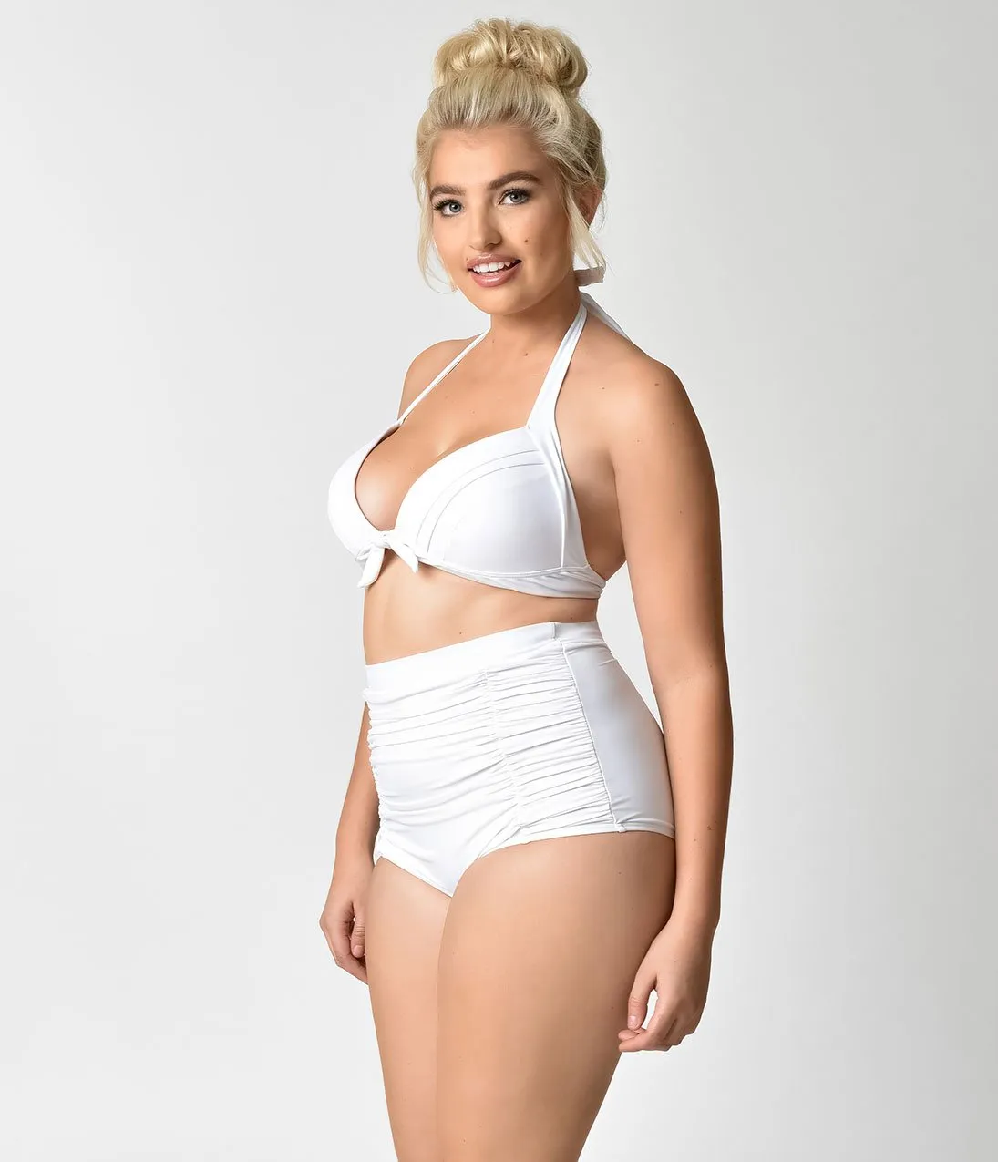 Unique Vintage Plus Size Solid White Monroe High Waist Swim Bottom
